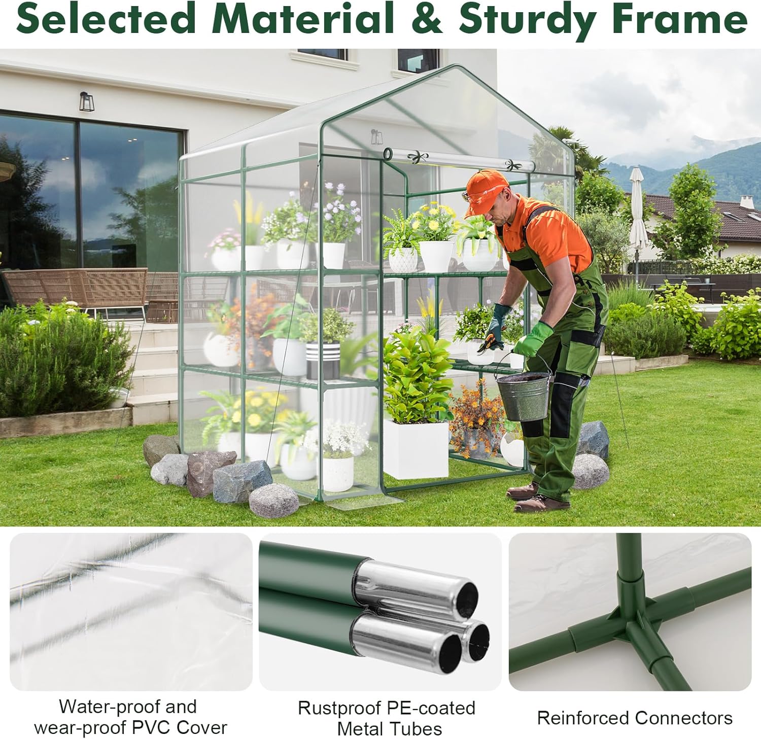 Walk-in Greenhouse, Winter Hot House w/4 Tiers, 8 Shelves, Roll-up Zippered Door, Waterproof PVC Film, Portable Greenhouses for Outdoors for Potted Plants
