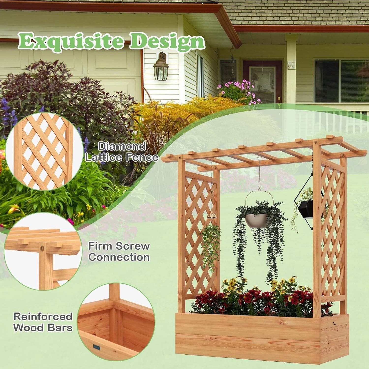 Raised Garden Bed with Trellis, Freestanding Wood Planter Box w/Hanging Roof & 4 Drainage Holes for Vine, Climbing Plants, Flowers, Outdoor Planter with Trellis for Garden, Patio, Yard