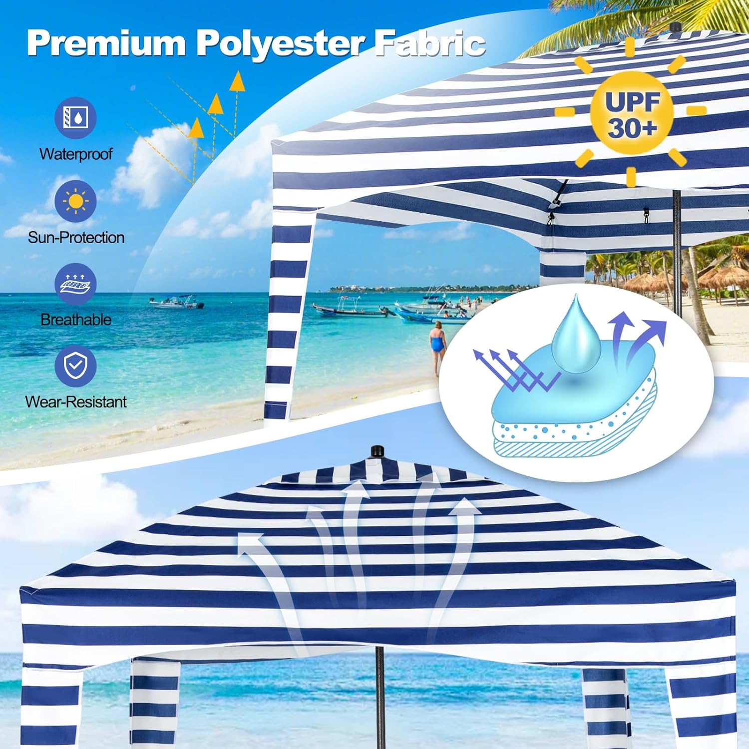 6FT Beach Cabana Canopy, Foldable Beach Sun Shelter with Carrying Bag, Sand Anchor, Detachable Sidewall & 8 Sandbags, Portable Outdoor Sunshade Tent for Camping Picnics