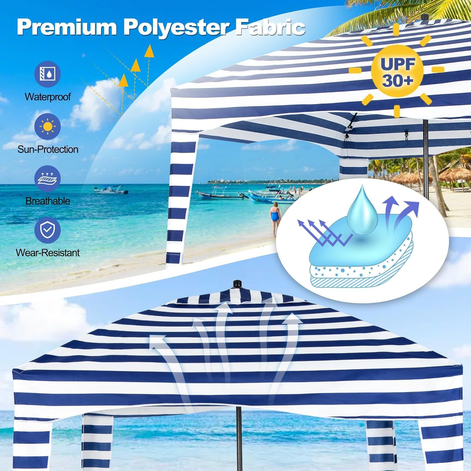 6FT Beach Cabana Canopy, Foldable Beach Sun Shelter with Carrying Bag, Sand Anchor, Detachable Sidewall & 8 Sandbags, Portable Outdoor Sunshade Tent for Camping Picnics