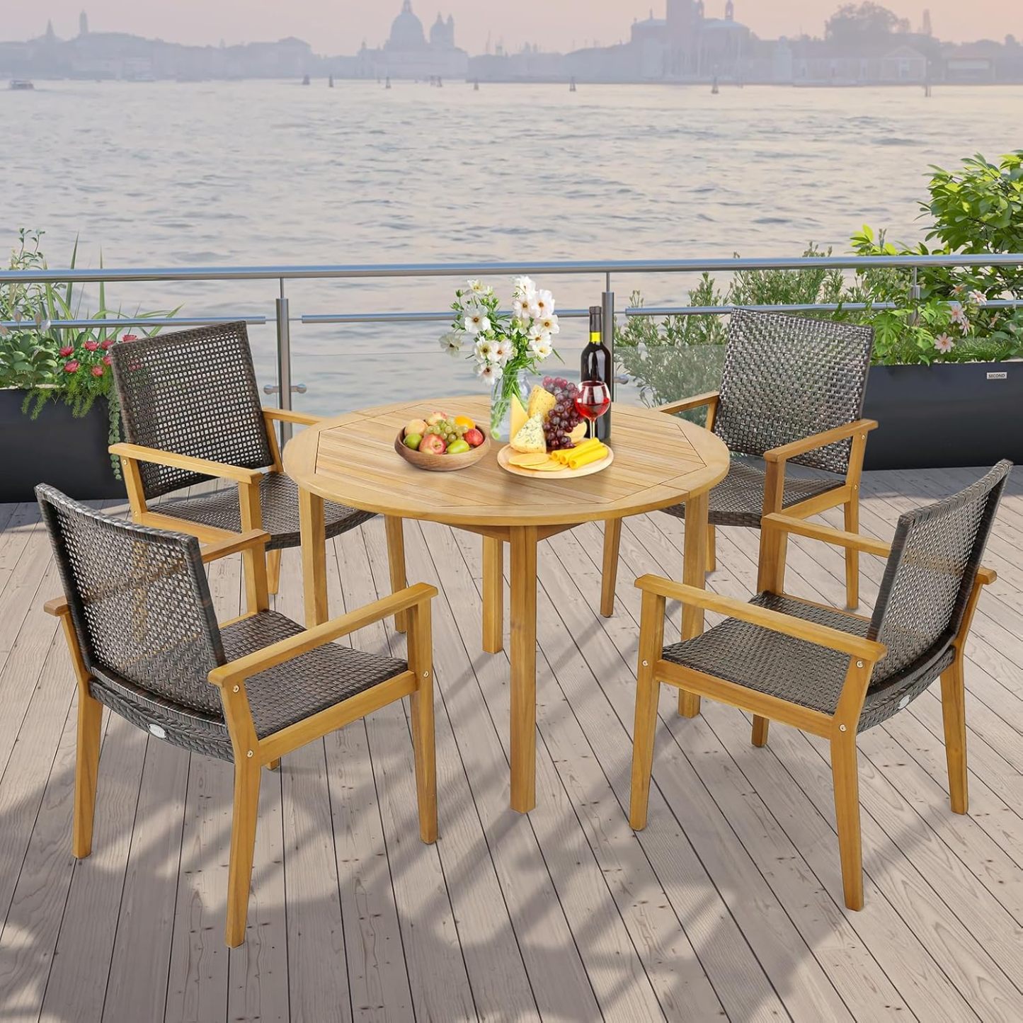 Patio Dining Chair Set of 4, Outdoor Rattan PE Wicker Dining Chairs with Sturdy Acacia Wood Frame, Ergonomic Curved Seat, Outside Rattan Armchairs for Balcony Porch Poolside