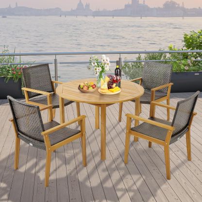 Patio Dining Chair Set of 4, Outdoor Rattan PE Wicker Dining Chairs with Sturdy Acacia Wood Frame, Ergonomic Curved Seat, Outside Rattan Armchairs for Balcony Porch Poolside