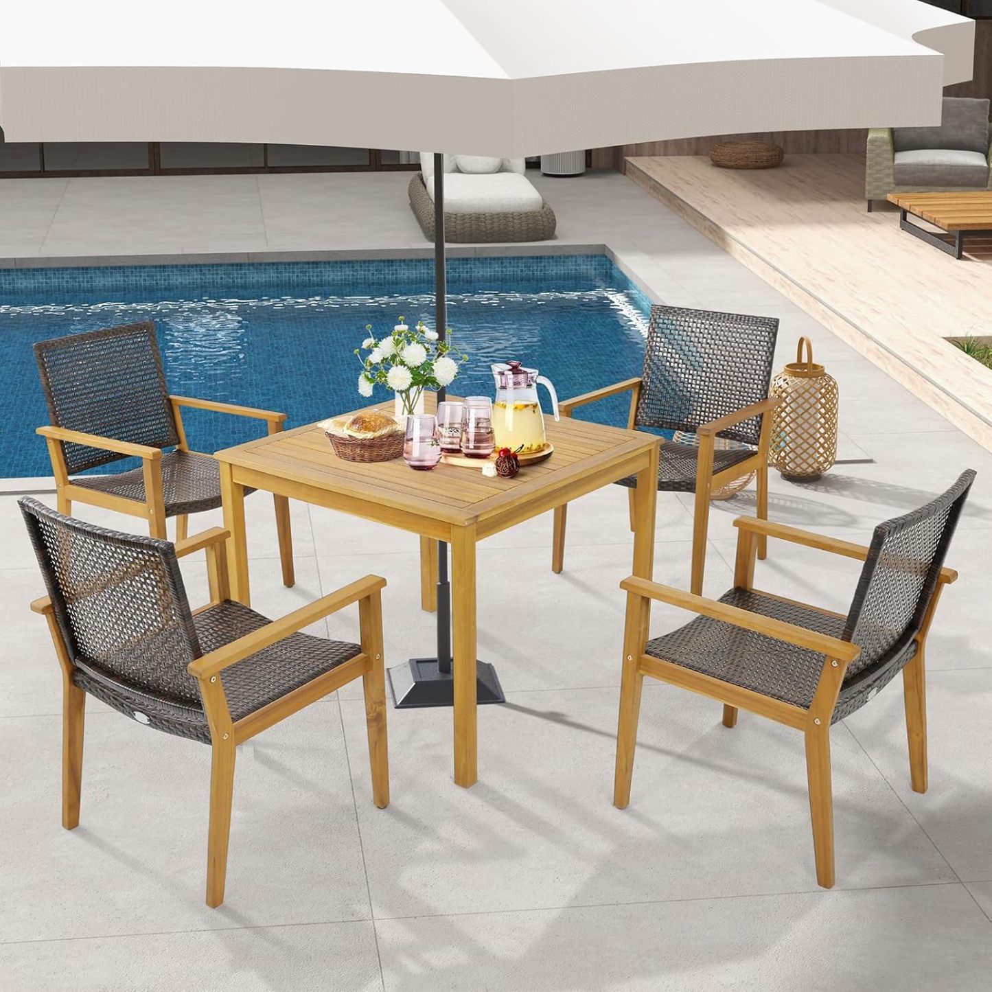 Patio Dining Chair Set of 4, Outdoor Rattan PE Wicker Dining Chairs with Sturdy Acacia Wood Frame, Ergonomic Curved Seat, Outside Rattan Armchairs for Balcony Porch Poolside