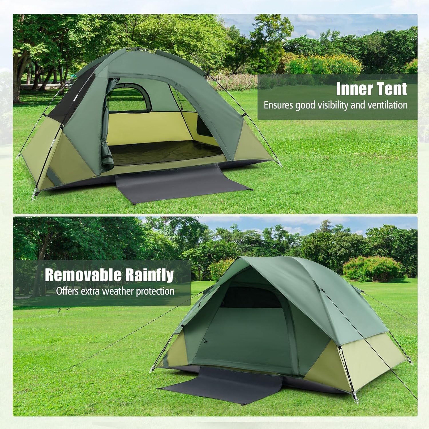 2-Person Camping Tent with Removable Rain Fly, Outdoor Tent with Double-Layer Door, 2 Mesh Windows, Carrying Bag, Portable Tent for Camping, Hiking, Traveling