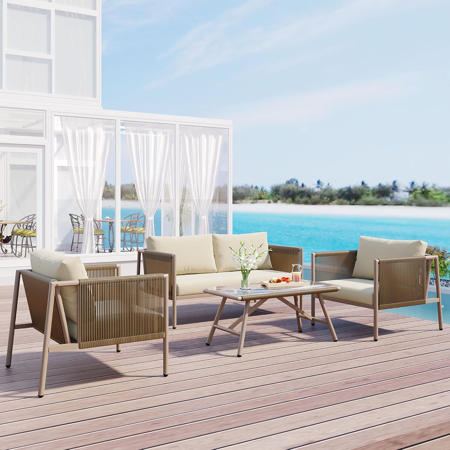 Patio 4-Piece Rope Sofa Set - Patio Furniture Set with Thick Cushions and Toughened Glass Table, All-Weather Patio Furniture Se