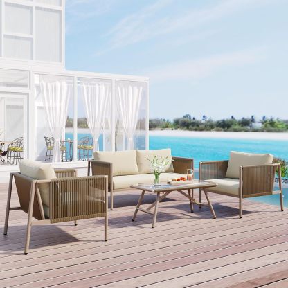 Patio 4-Piece Rope Sofa Set - Patio Furniture Set with Thick Cushions and Toughened Glass Table, All-Weather Patio Furniture Se