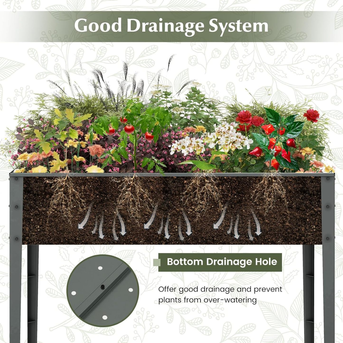 Raised Garden Bed, Freestanding Planter Box w/Drainage Holes, 4 Supporting Legs, 2 Gloves, Galvanized Planting Bed