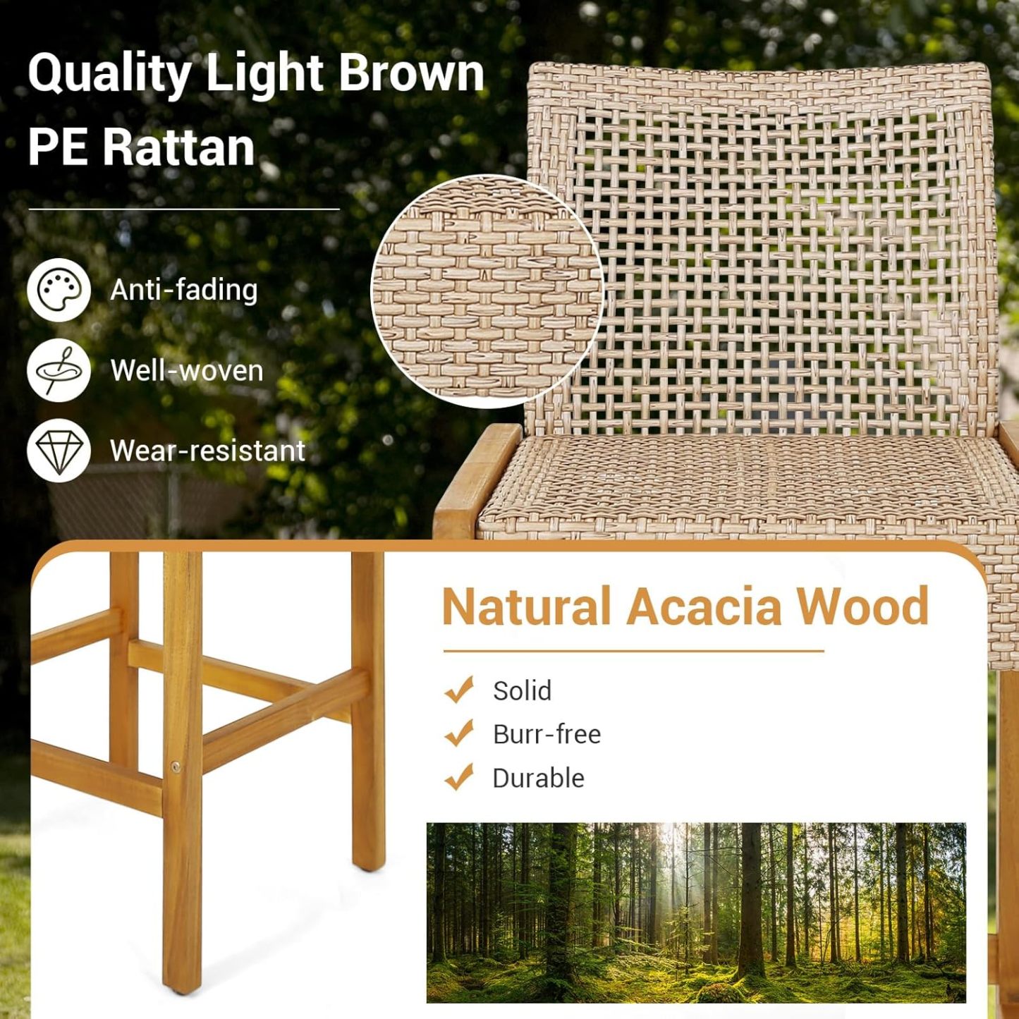 Wicker Bar Stools Set of 2, Patio Chairs with Solid Wood Frame, Ergonomic Footrest, Indoor Outdoor Bar Height Chairs