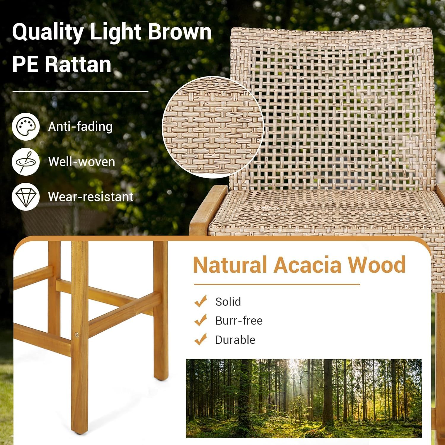 Wicker Bar Stools Set of 2, Patio Chairs with Solid Wood Frame, Ergonomic Footrest, Indoor Outdoor Bar Height Chairs