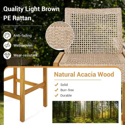 Wicker Bar Stools Set of 2, Patio Chairs with Solid Wood Frame, Ergonomic Footrest, Indoor Outdoor Bar Height Chairs