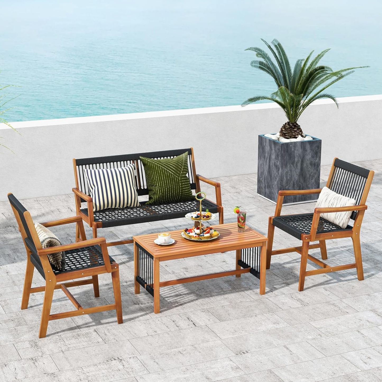 4 Pieces Patio Furniture Set Acacia Wood Conversation Set with Hand-Woven Rope Design, Ergonomic Loveseat & Single Chairs