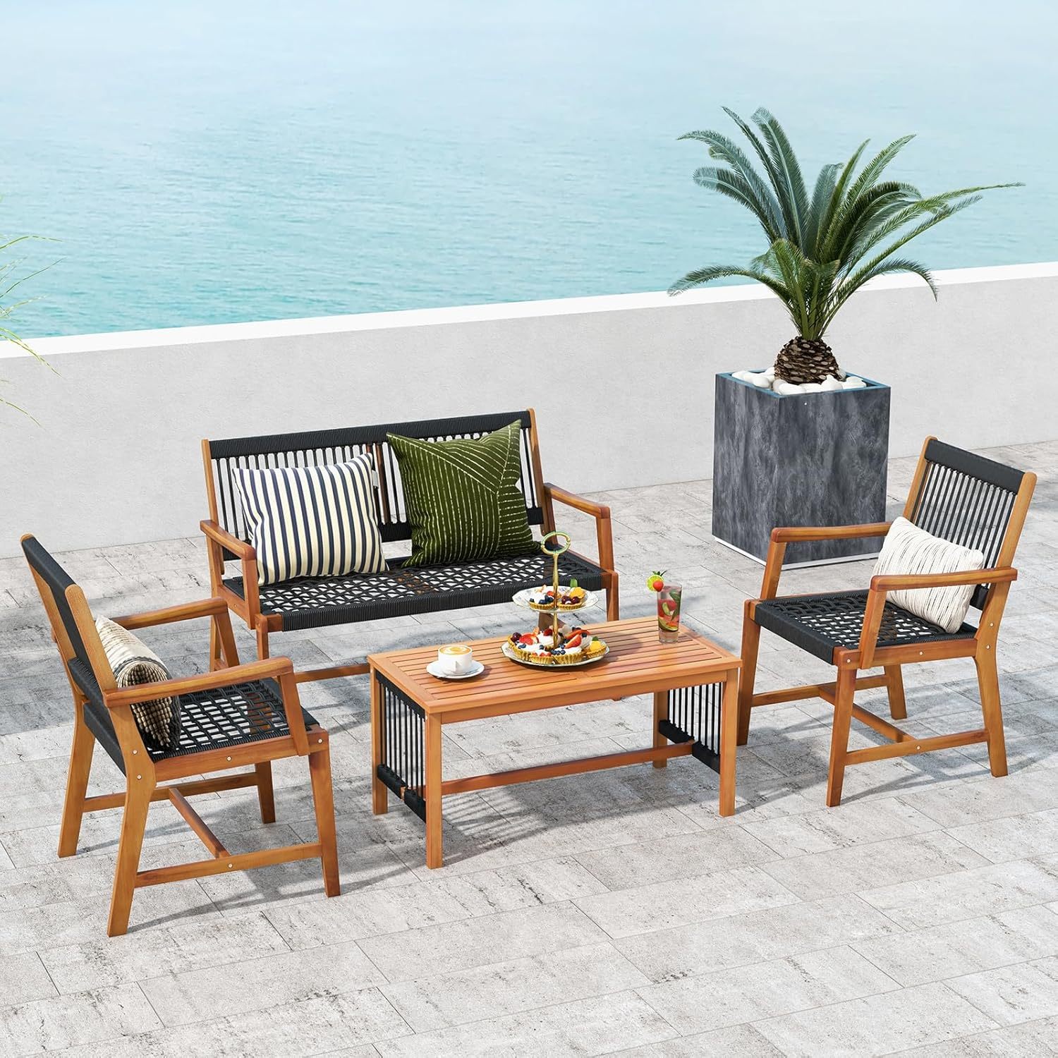 4 Pieces Patio Furniture Set Acacia Wood Conversation Set with Hand-Woven Rope Design, Ergonomic Loveseat & Single Chairs