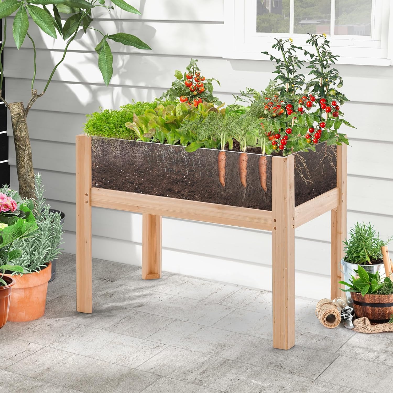 Raised Garden Bed with Legs, 24” Elevated Planter Box with 2 Acrylic Panel Sides, Drain Holes, Movable Beds, Plant Terrarium w/Stand