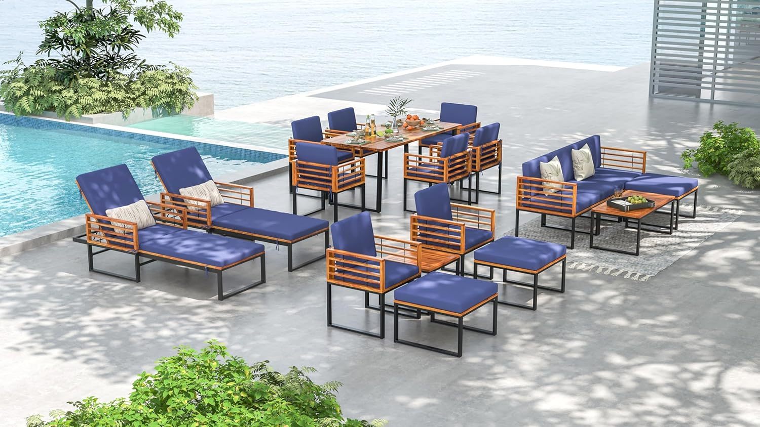 Acacia Wood Chaise Lounge Patio Recliner with 4-Position Adjustable Backrest & Padded Cushion, Outdoor Wooden Sun Lounger Sunbathing Chair for Backyard Beach Poolside