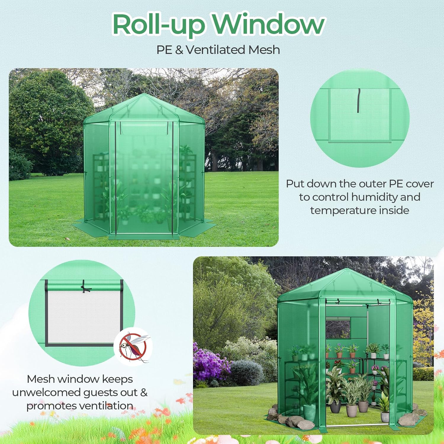 Walk-in Greenhouse, 7’x6’x7.5’ Outdoor Heavy Duty Greenhouse with PE Cover, Mesh Window & Roll-Up Door, Portable Greenhouse for Plant Gardening