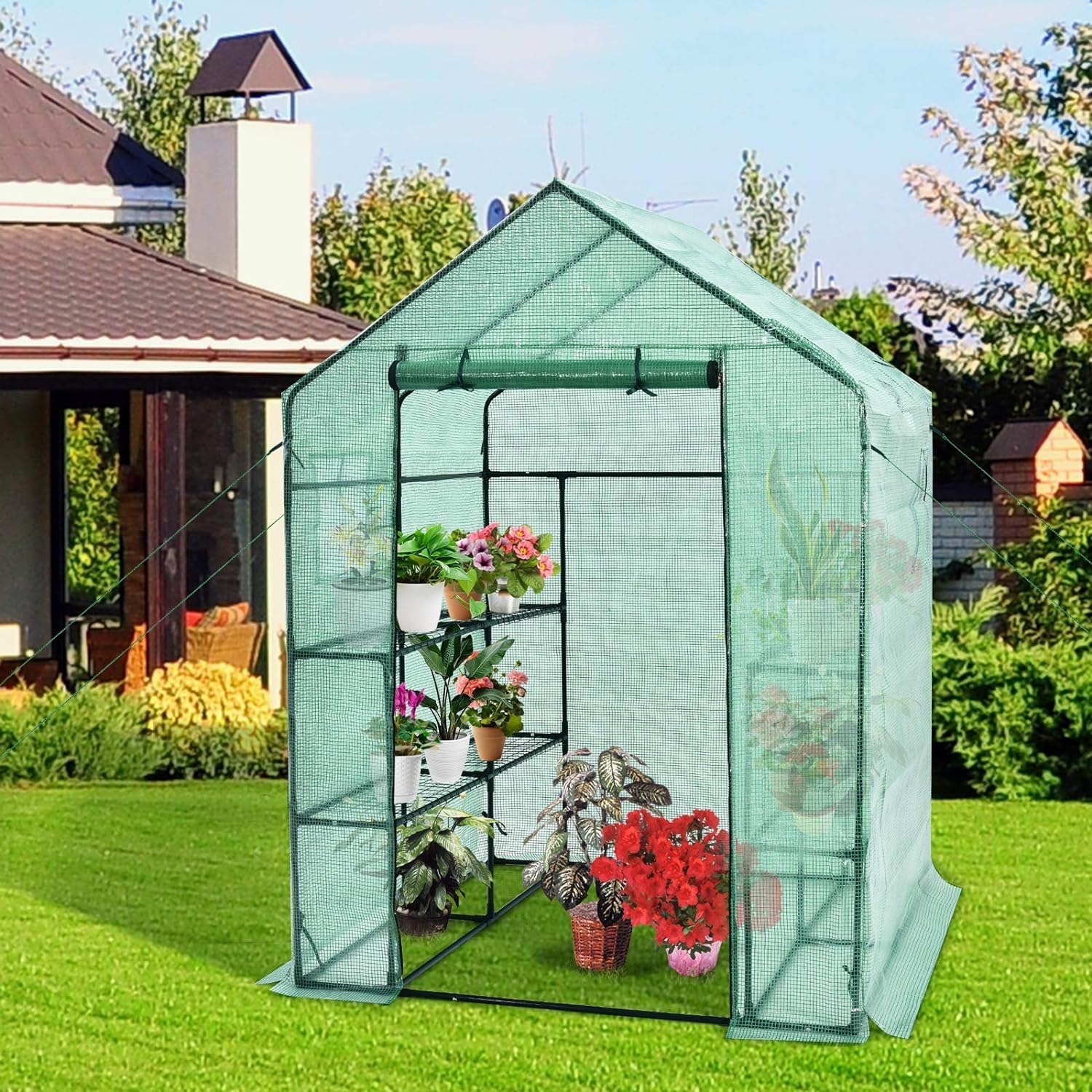 Walk-in Greenhouse, Portable Greenhouses for Outdoors w/8 Shelves, Roll-Up Zippered Door, 2 Observation Windows & 2 Tiers, Weather-Proof PE Cover