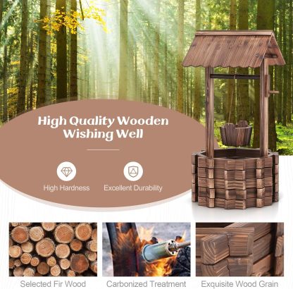 Wooden Wishing Well Planter with Hanging Bucket, Flower Plants Planter, Outdoor Wishing Wells for Yard