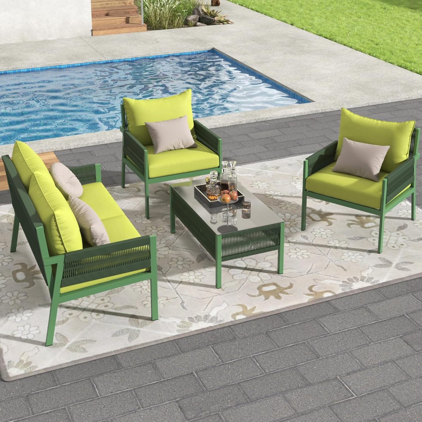 4-Piece Outdoor Patio Furniture Set - Outdoor Rope Furniture with Tempered Glass Table, Patio Conversation Set Deep Seating with Thick Cushion for Backyard Porch Balcony (Green)