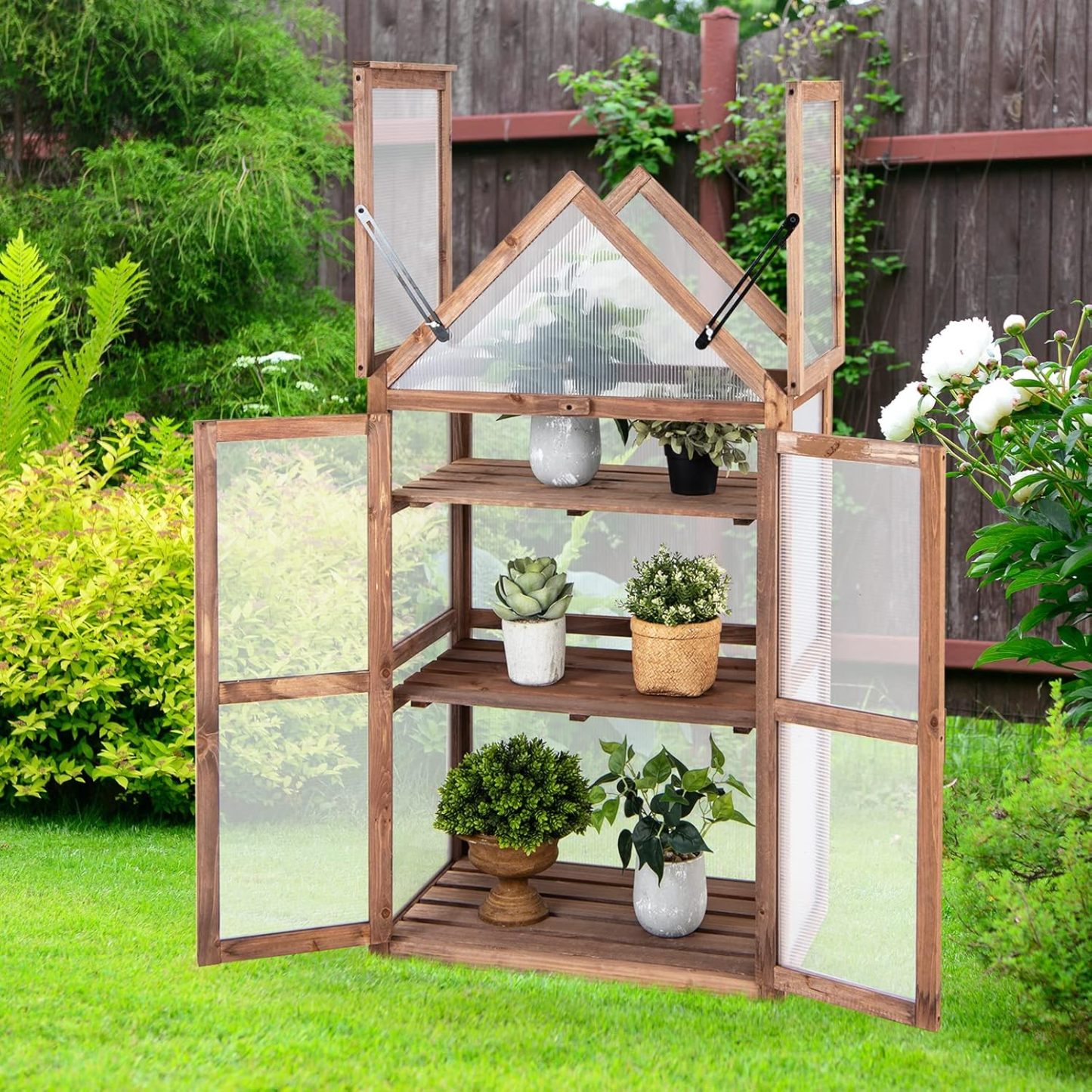 Cold Frame Greenhouse, Mini Wooden Greenhouse Raised Flower Planter Shelf w/Transparent Openable Roof, Double Doors & 3 Tier Shelves