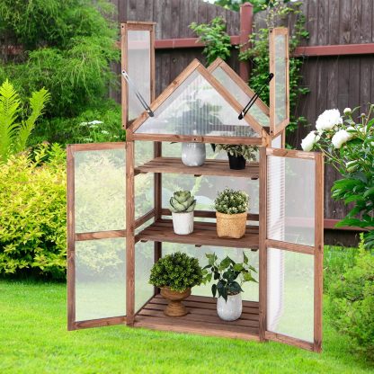 Cold Frame Greenhouse, Mini Wooden Greenhouse Raised Flower Planter Shelf w/Transparent Openable Roof, Double Doors & 3 Tier Shelves
