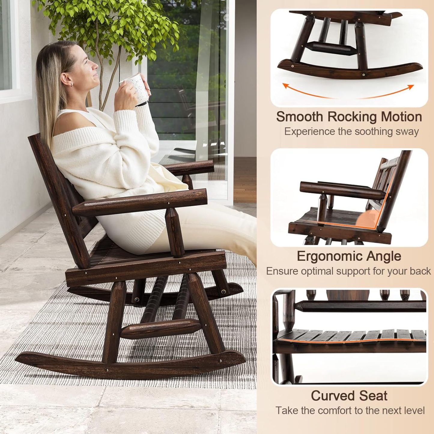 Outdoor Wood Rocking Bench Carbonized Double Rocking Chair for 2 Persons with Wide Curved Seat, Porch Rocker for Porch, Garden, Backyard, 710LBS Capacity, Rustic Brown