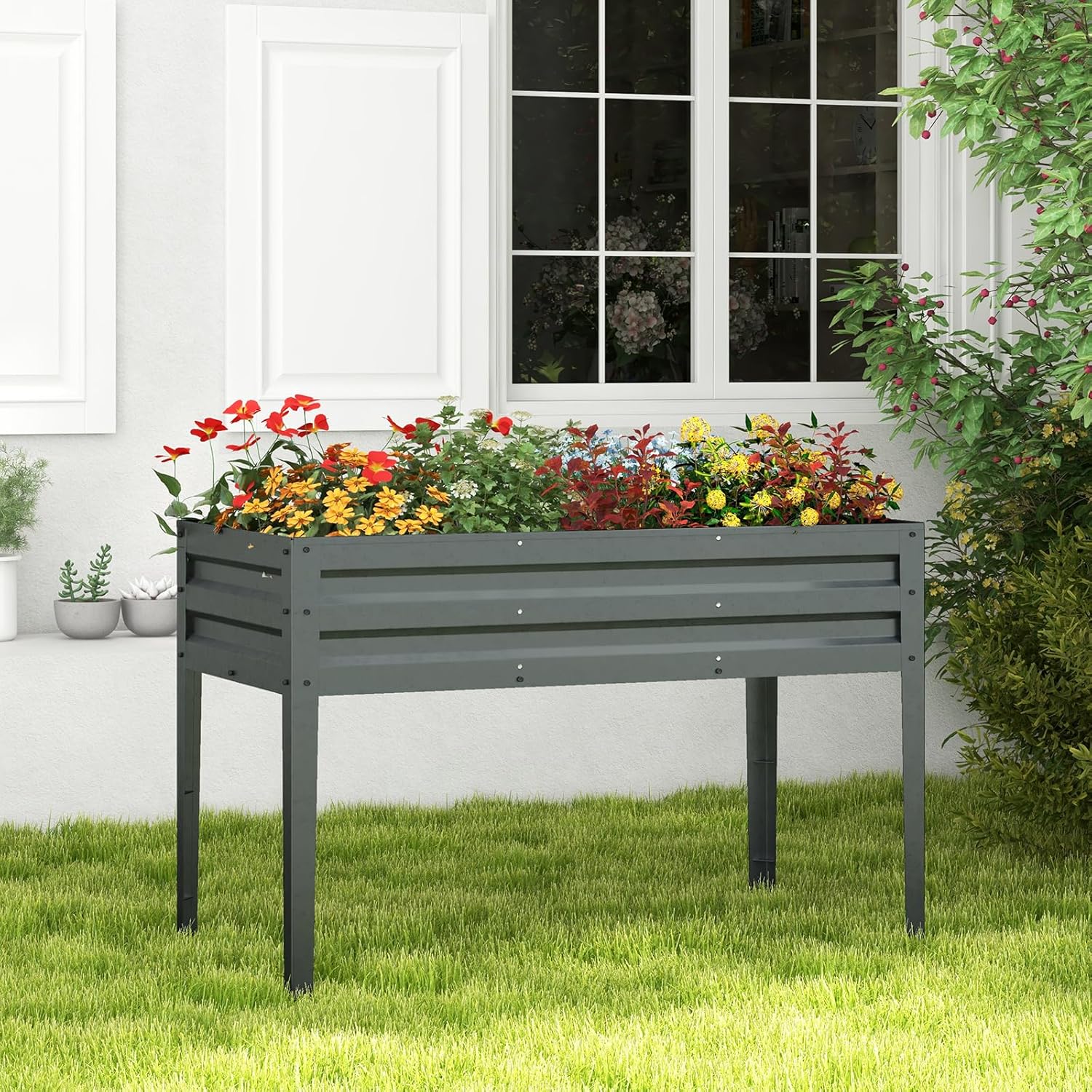 Raised Garden Bed, Freestanding Planter Box w/Drainage Holes, 4 Supporting Legs, 2 Gloves, Galvanized Planting Bed