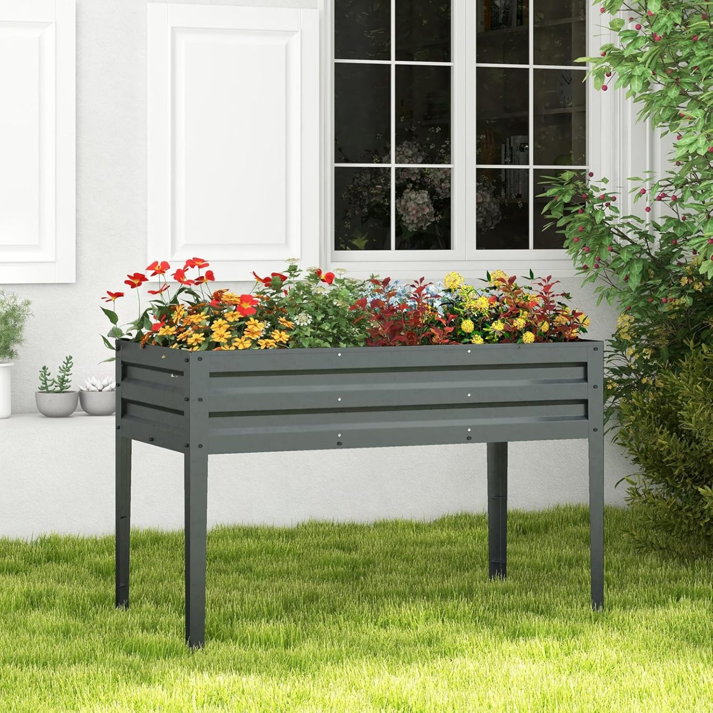 Raised Garden Bed, Freestanding Planter Box w/Drainage Holes, 4 Supporting Legs, 2 Gloves, Galvanized Planting Bed