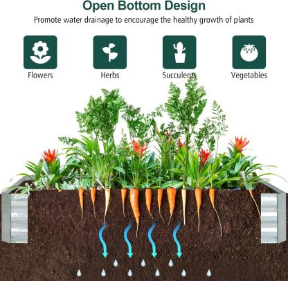 Raised Garden Bed with Cover, Outdoor Raised Planter Box Kit w/2 Large Zipper Mesh Screen Windows, Galvanized Metal Raised Bed Greenhouse for Gardening, Flowers, Vegetables (Silver)