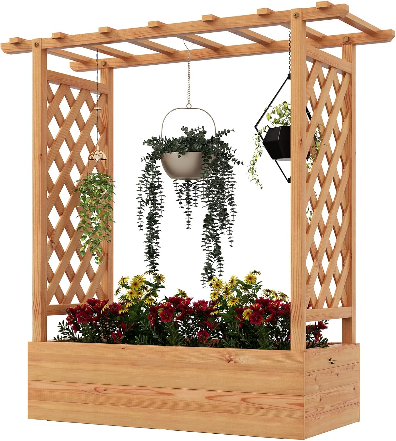 Raised Garden Bed with Trellis, Freestanding Wood Planter Box w/Hanging Roof & 4 Drainage Holes for Vine, Climbing Plants, Flowers, Outdoor Planter with Trellis for Garden, Patio, Yard