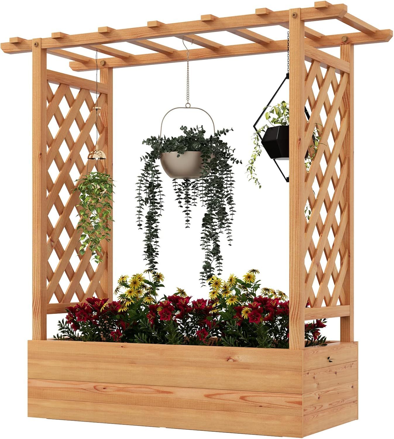 Raised Garden Bed with Trellis, Freestanding Wood Planter Box w/Hanging Roof & 4 Drainage Holes for Vine, Climbing Plants, Flowers, Outdoor Planter with Trellis for Garden, Patio, Yard