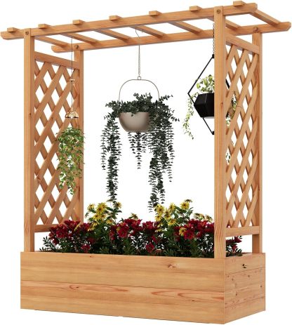 Raised Garden Bed with Trellis, Freestanding Wood Planter Box w/Hanging Roof & 4 Drainage Holes for Vine, Climbing Plants, Flowers, Outdoor Planter with Trellis for Garden, Patio, Yard