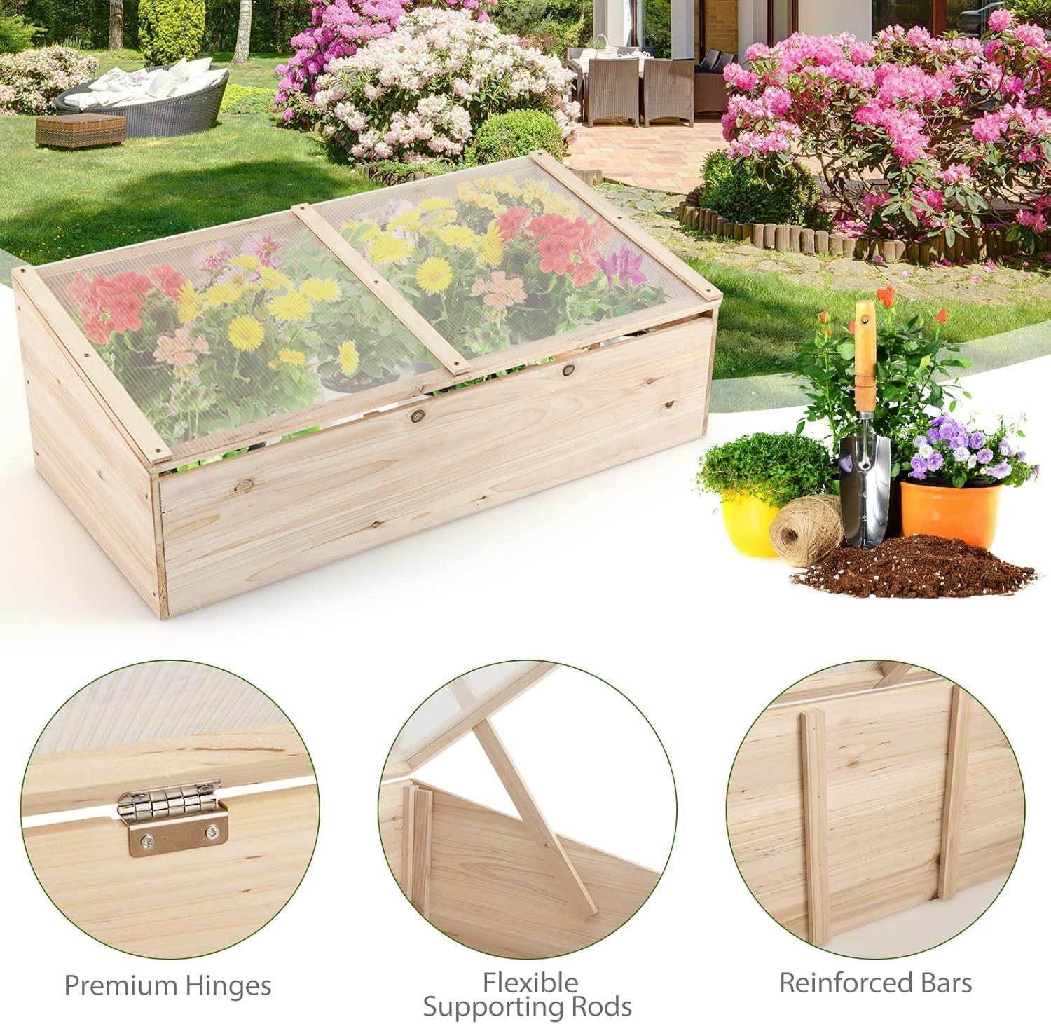 Cold Frame Greenhouse, Wood Potable Greenhouse with Foldable Top, Transparent Lid, Raised Planter Box Protection, Indoor & Outdoor Mini Greenhouse for Garden, Patio, Balcony, Terrace
