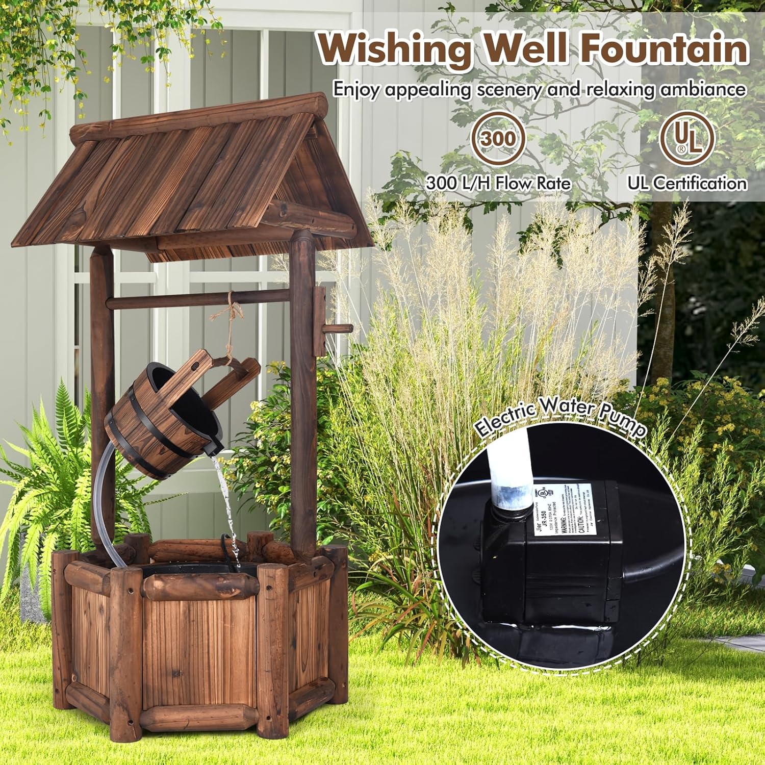 Outdoor Wishing Well Water Fountain, Old-Fashioned Wood Waterfall Fountain with Bucket Pump