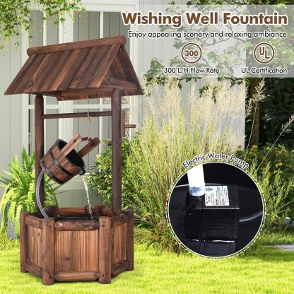 Outdoor Wishing Well Water Fountain, Old-Fashioned Wood Waterfall Fountain with Bucket Pump