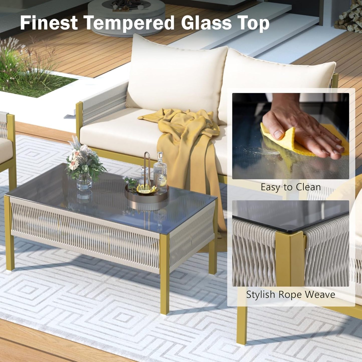 4-Piece Outdoor Patio Furniture Set - Outdoor Rope Furniture with Tempered Glass Table, Patio Conversation Set Deep Seating with Thick Cushion