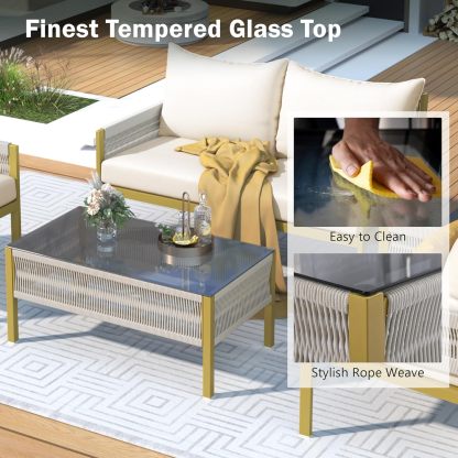 4-Piece Outdoor Patio Furniture Set - Outdoor Rope Furniture with Tempered Glass Table, Patio Conversation Set Deep Seating with Thick Cushion