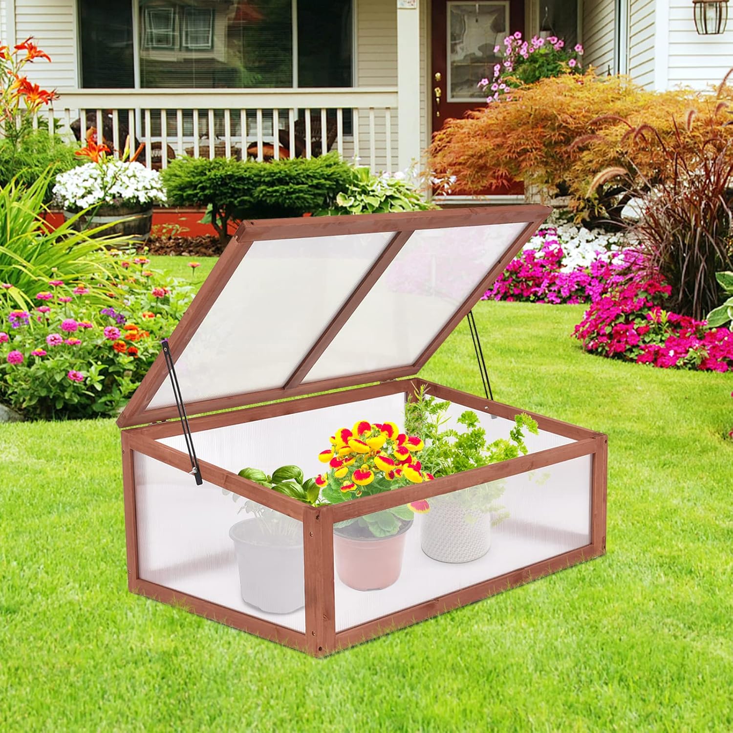 Small Greenhouse W/ Foldable Transparent Top, Adjustable Stays, Easy Installation, Portable Wooden Mini Greenhouse for GardenIndoor Outdoor