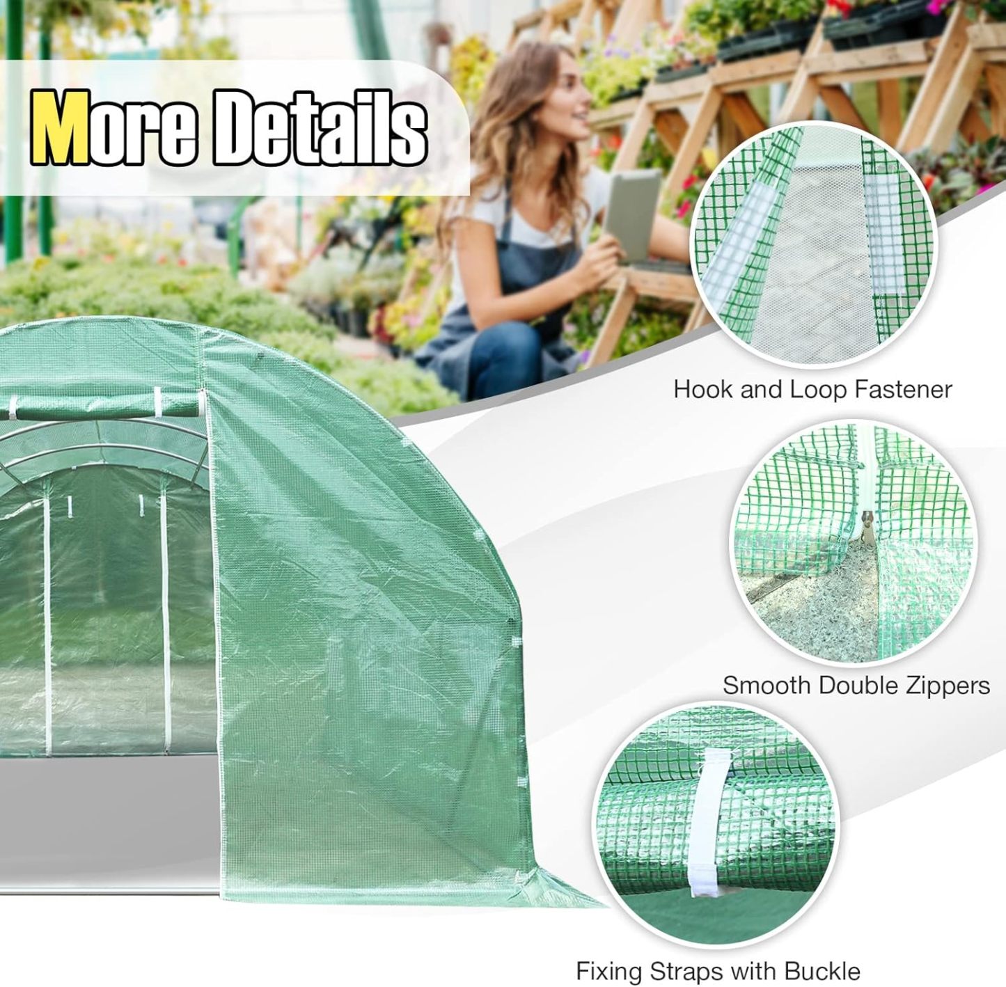 10 x 20 x 6.5 FT Large Walk-in Greenhouse Tunnel Plants Growing Tent with 2 Zippered Doors & 8 Roll-up Windows, Solid Metal Structure