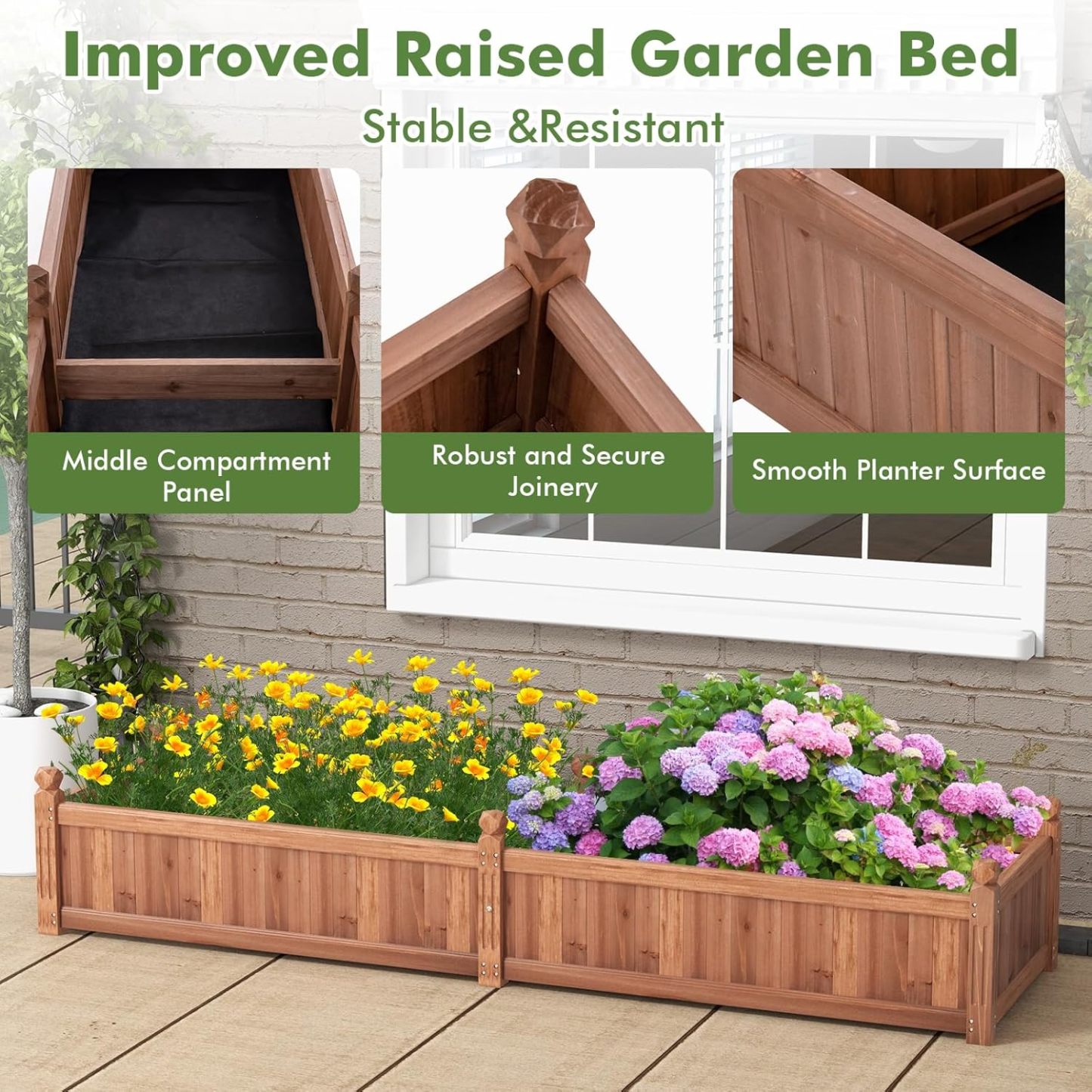 Raised Garden Bed, 91" x 24" x 16" Wood Plant Container with Drain Holes, Liner, Durable Outdoor Patio Planter Box for Flowers, Vegetables, Herbs, Fruits