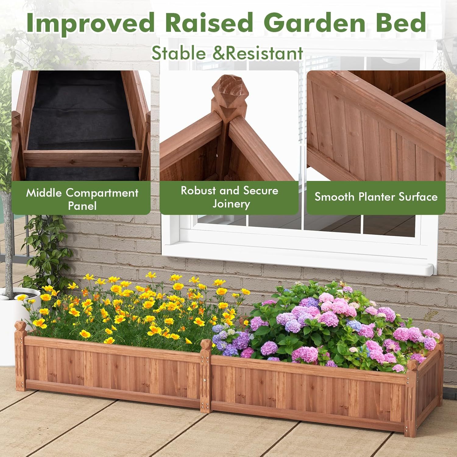 Raised Garden Bed, 91" x 24" x 16" Wood Plant Container with Drain Holes, Liner, Durable Outdoor Patio Planter Box for Flowers, Vegetables, Herbs, Fruits