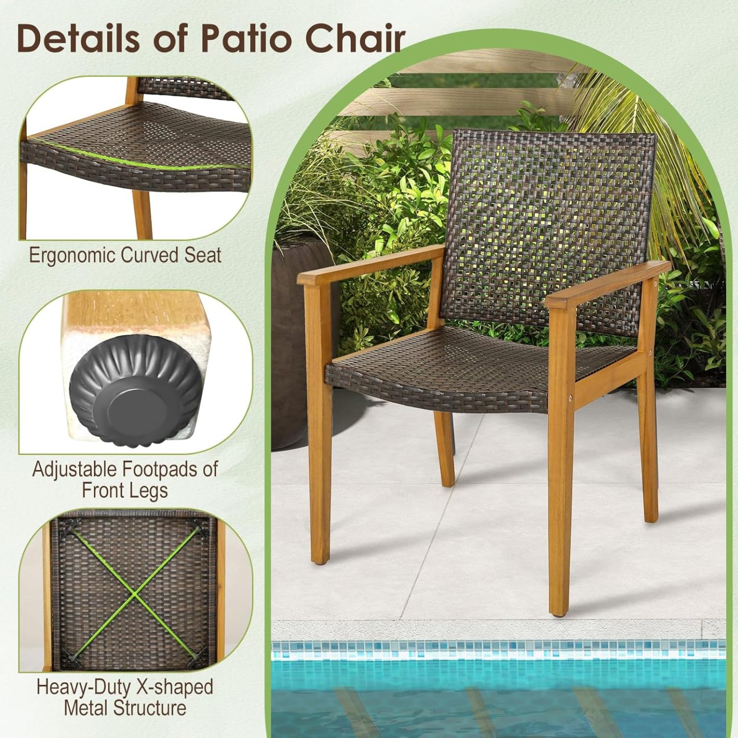 Patio Dining Chair Set of 4, Outdoor Rattan PE Wicker Dining Chairs with Sturdy Acacia Wood Frame, Ergonomic Curved Seat, Outside Rattan Armchairs for Balcony Porch Poolside