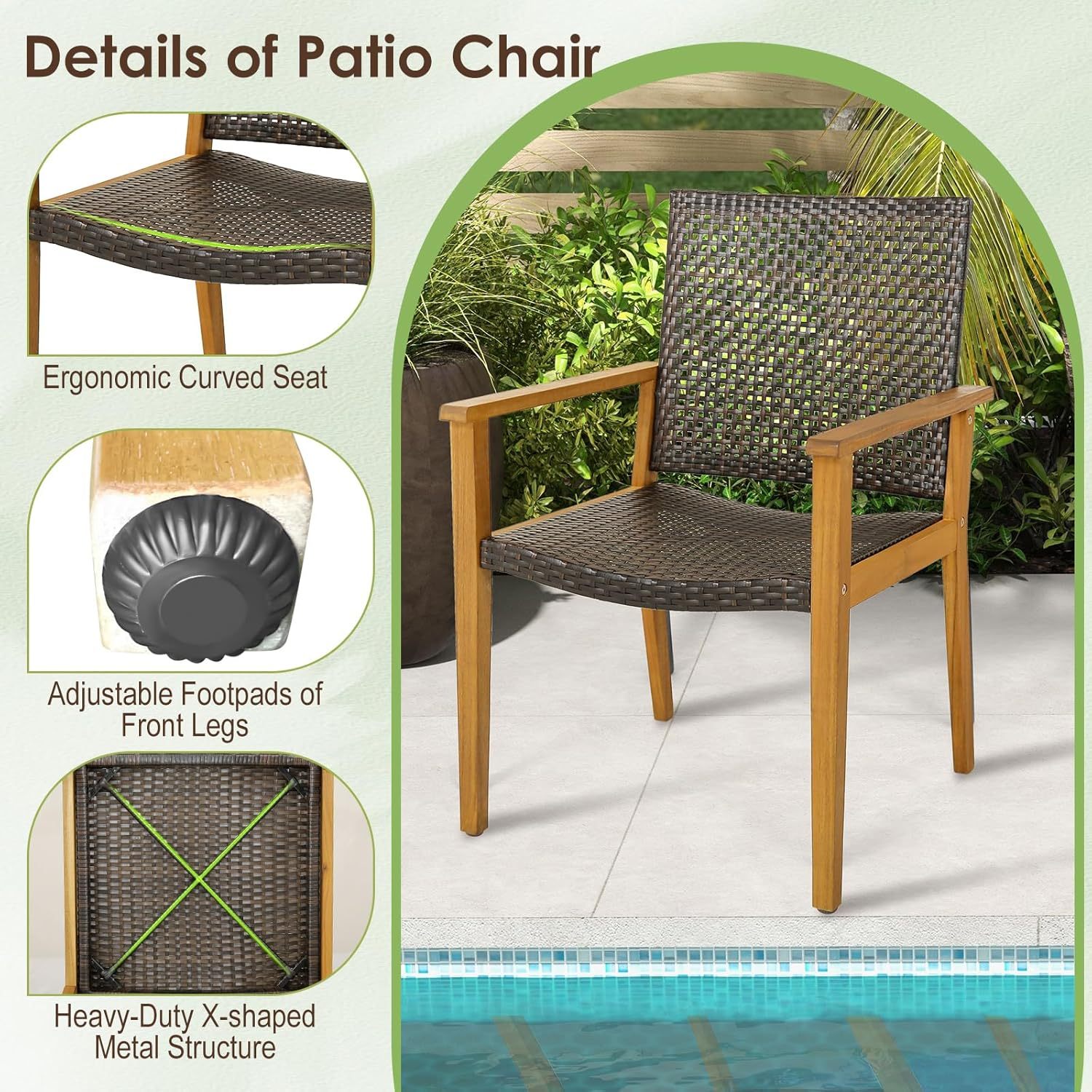 Patio Dining Chair Set of 4, Outdoor Rattan PE Wicker Dining Chairs with Sturdy Acacia Wood Frame, Ergonomic Curved Seat, Outside Rattan Armchairs for Balcony Porch Poolside