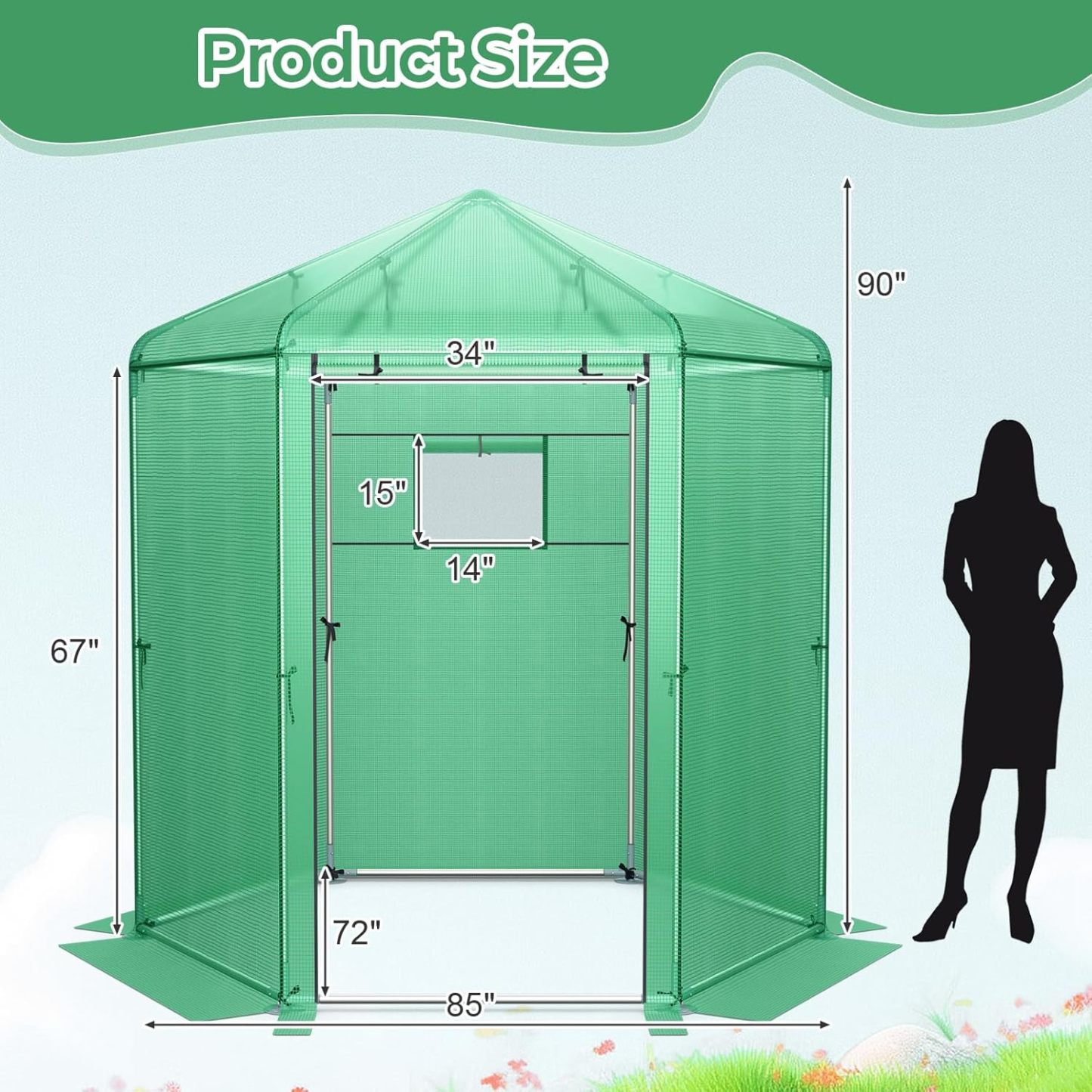 Walk-in Greenhouse, 7’x6’x7.5’ Outdoor Heavy Duty Greenhouse with PE Cover, Mesh Window & Roll-Up Door, Portable Greenhouse for Plant Gardening