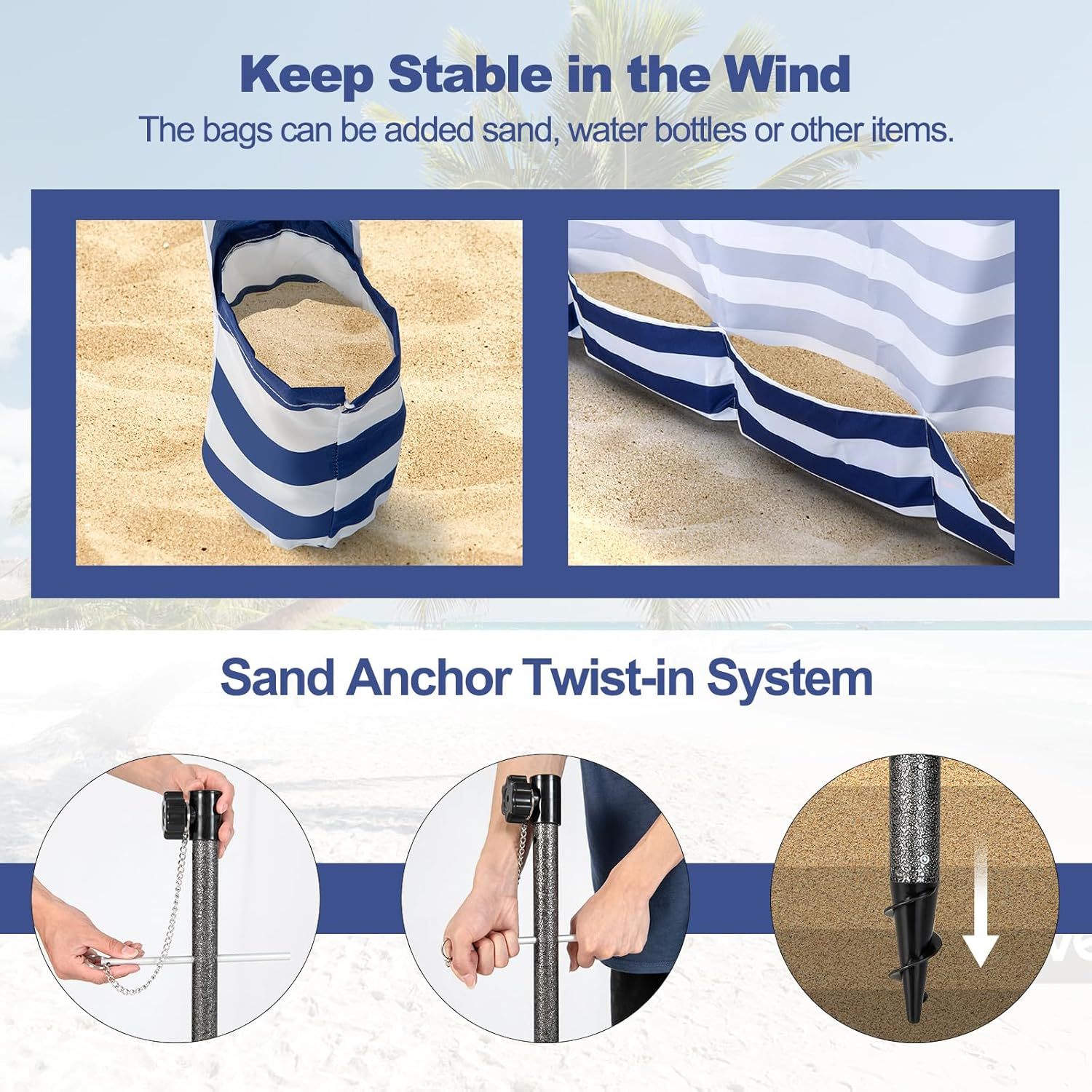 6FT Beach Cabana Canopy, Foldable Beach Sun Shelter with Carrying Bag, Sand Anchor, Detachable Sidewall & 8 Sandbags, Portable Outdoor Sunshade Tent for Camping Picnics