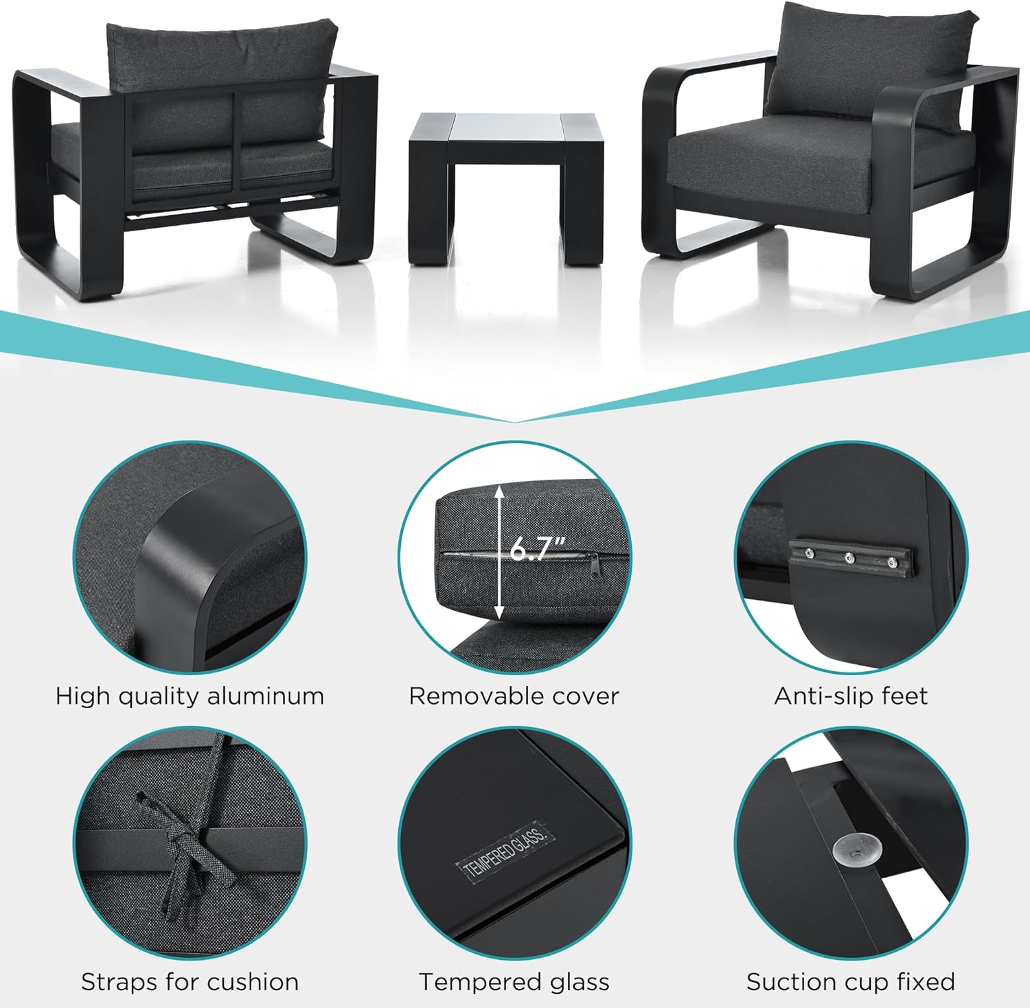 3 Pieces Outdoor Patio Furniture with Aluminum Frame Finest Teak Wood Armrest Thick Cushion Sofa and Table, Modern Patio Conversation Set