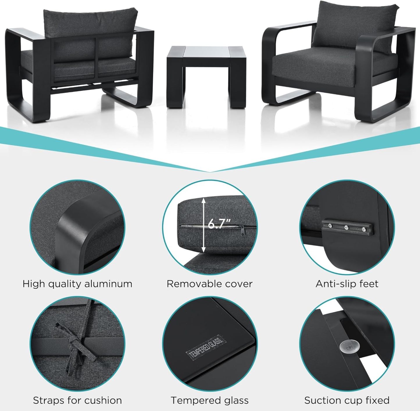 3 Pieces Outdoor Patio Furniture with Aluminum Frame Finest Teak Wood Armrest Thick Cushion Sofa and Table, Modern Patio Conversation Set