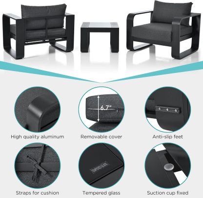 3 Pieces Outdoor Patio Furniture with Aluminum Frame Finest Teak Wood Armrest Thick Cushion Sofa and Table, Modern Patio Conversation Set