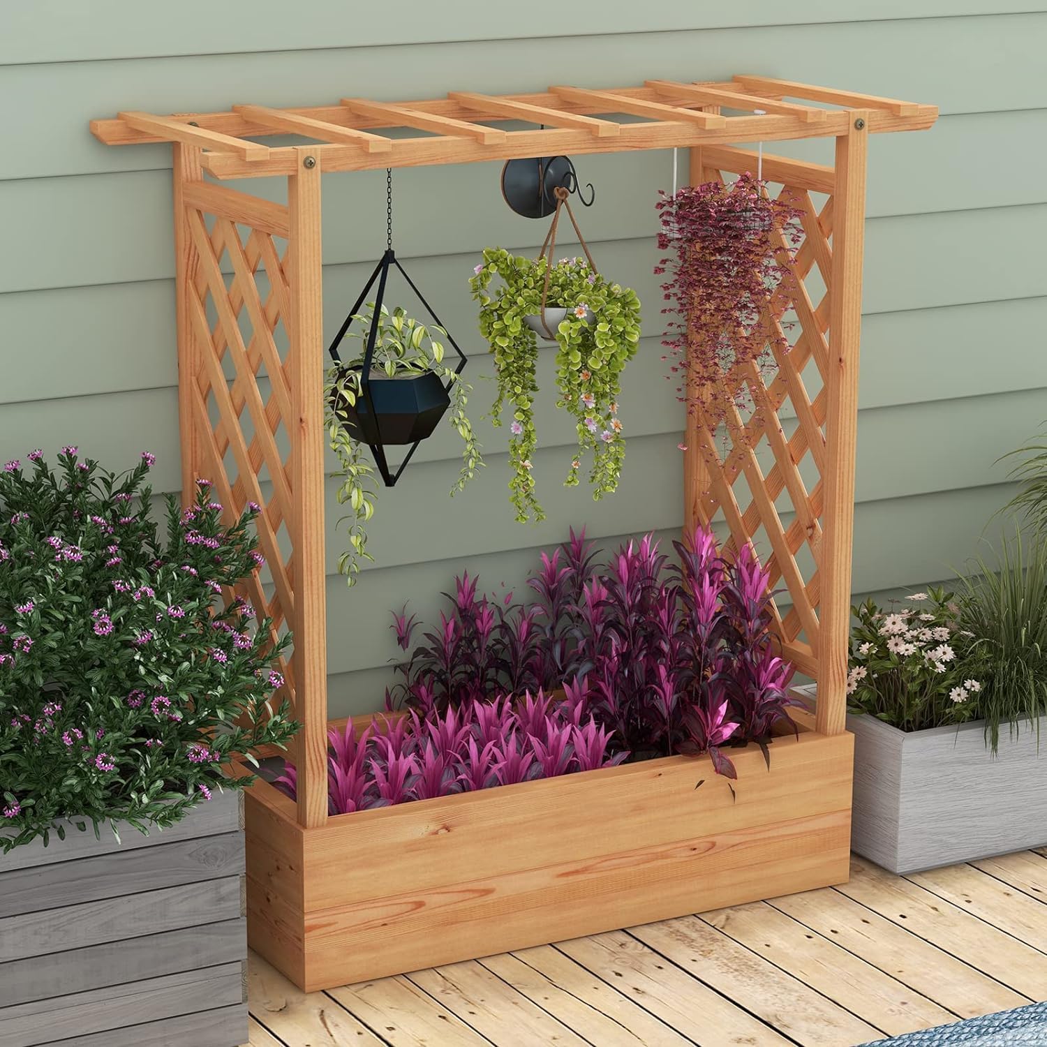 Raised Garden Bed with Trellis, Freestanding Wood Planter Box w/Hanging Roof & 4 Drainage Holes for Vine, Climbing Plants, Flowers, Outdoor Planter with Trellis for Garden, Patio, Yard