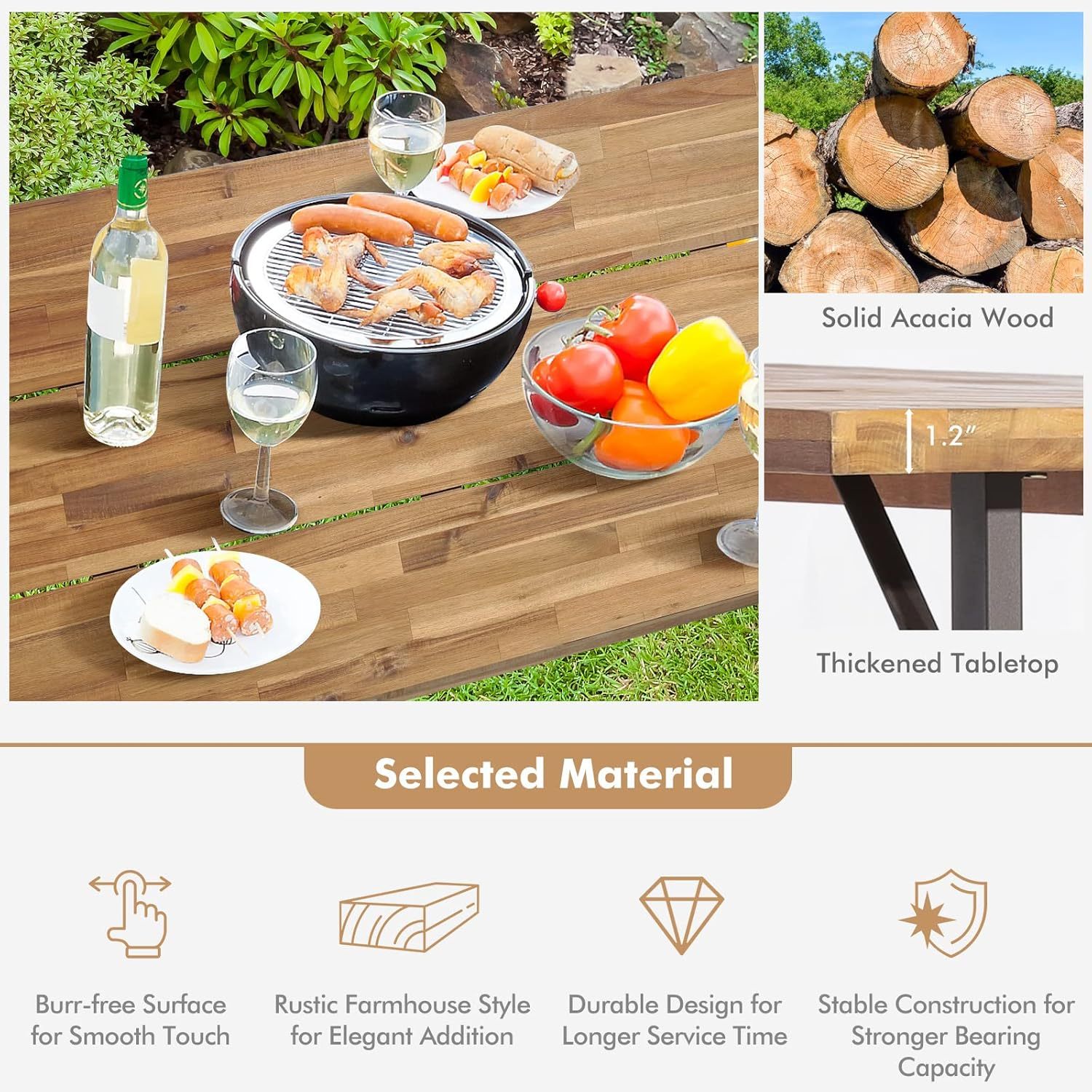 3 Pieces Outdoor Dining Set with Metal Frame, Solid Acacia Wood Patio Dining Table and Bench Set with 2 Inches Umbrella Hole