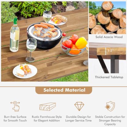 3 Pieces Outdoor Dining Set with Metal Frame, Solid Acacia Wood Patio Dining Table and Bench Set with 2 Inches Umbrella Hole